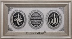82 cm x 147 cm Gümüş Renk Tam Taşlı İsmi Celil & İsmi Nebi & Ayetel Kursi Yazılı Tablo Çerçeve
