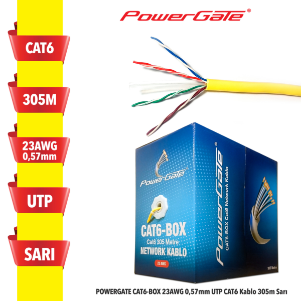 POWERGATE CAT6-BOX-YL 23AWG 0,57mm UTP CAT6 Kablo 305m Sarı