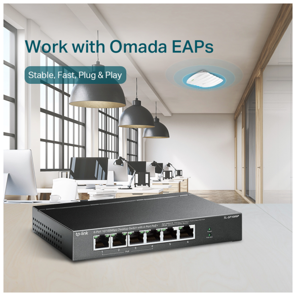 TP-LINK TL-SF1006P 6 Port, MegaBit, Metal Kasa, 4 Port PoE, 67W, Yönetilemez, Masaüstü Switch