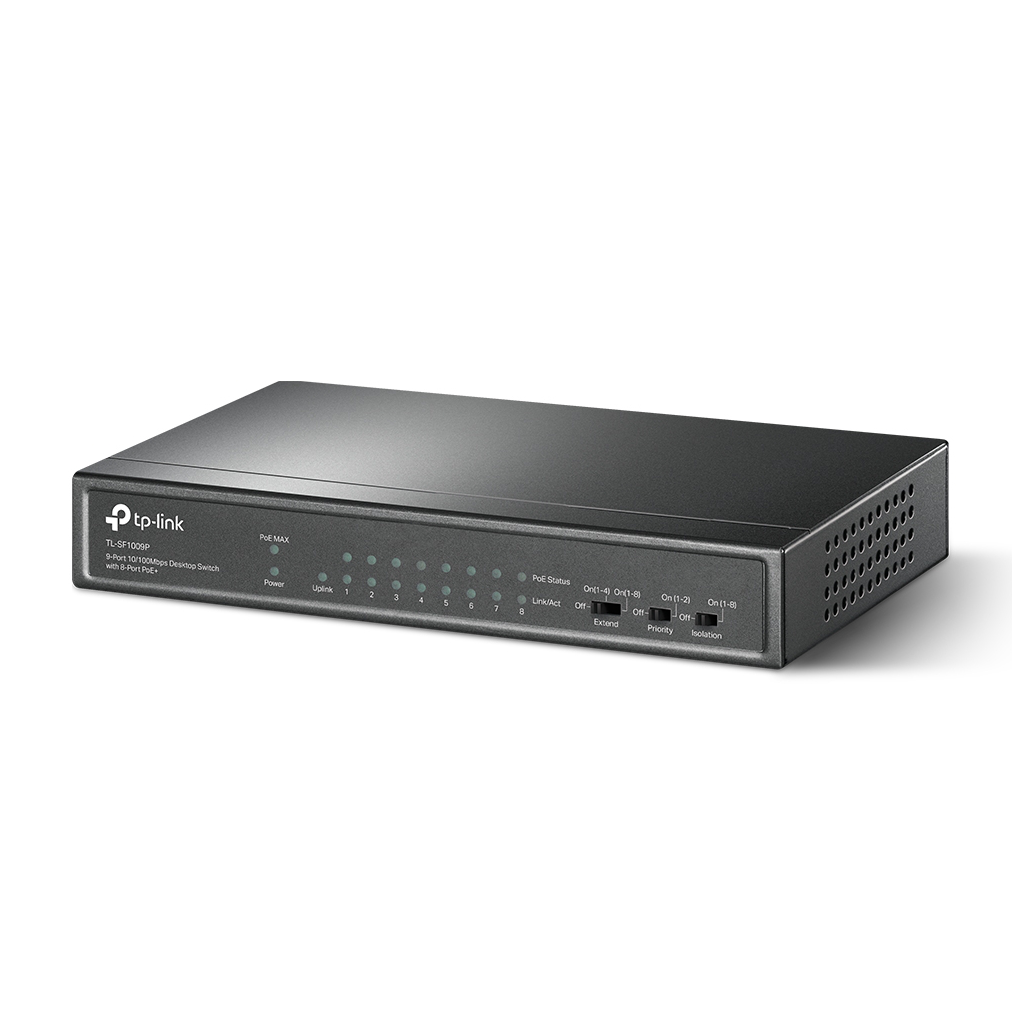 TP-LINK TL-SF1009P, 8 Port, MegaBit, Metal Kasa, 8 Port PoE, 65W, +1 Port Uplink, Yönetilemez, Masaüstü Switch