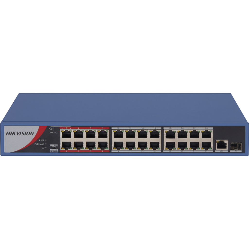 HIKVISION DS-3E0326P-E/M(B), 24 Port, MegaBit, 24 Port PoE, 250W, +1 Port GigaBit Uplink, +1 Port GigaBit SFP, Yönetilemez, Rack Mount Switch