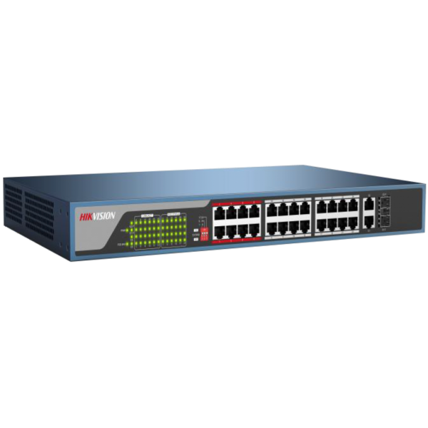 HIKVISION DS-3E0326P-E/M(B), 24 Port, MegaBit, 24 Port PoE, 250W, +1 Port GigaBit Uplink, +1 Port GigaBit SFP, Yönetilemez, Rack Mount Switch