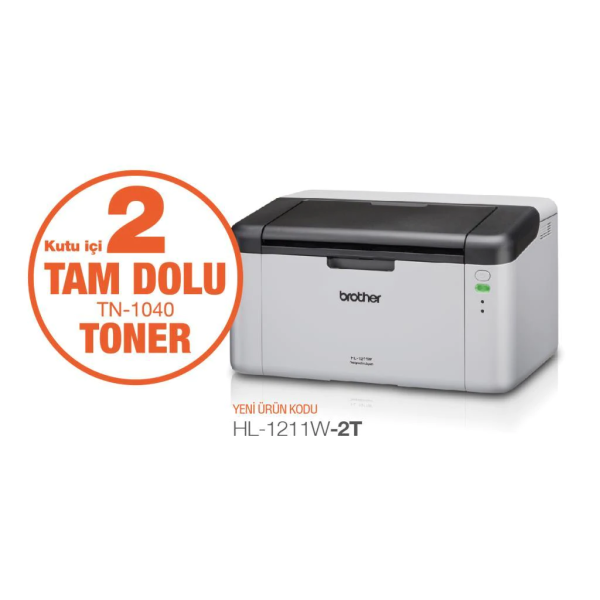 BROTHER HL-1211W-2T LAZER 20ppm Yazıcı WiFi , 2 adet Tam Dolu Orijinal Toner ile Birlikte