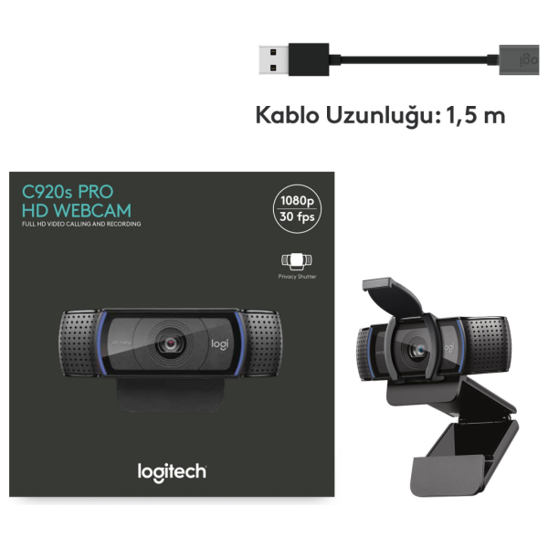 LOGITECH C920S 1080p/30 fps Full HD PRO Çift Mikrofonlu WEBCAM (960-001252)