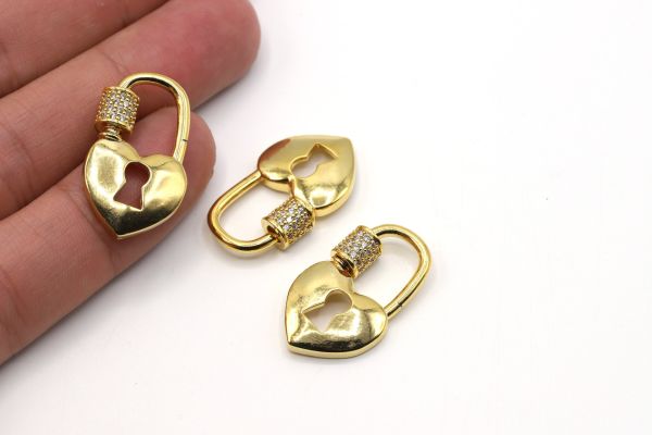 Gold CZ Micro Pave Head Lock Shape Screw Clasp,16x27mm Locks Shape Clasp Lock, CZ Screw Heart Clasp Charm