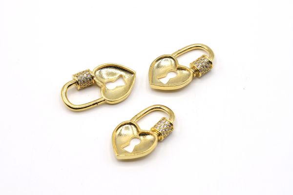 Gold CZ Micro Pave Head Lock Shape Screw Clasp,16x27mm Locks Shape Clasp Lock, CZ Screw Heart Clasp Charm