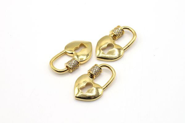 Gold CZ Micro Pave Head Lock Shape Screw Clasp,16x27mm Locks Shape Clasp Lock, CZ Screw Heart Clasp Charm