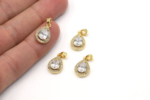 24k Gold Drop Crystal Charm, Gold Drop Pendant , CZ Micro Pave Charms, Drop Zirconia Stone Charms