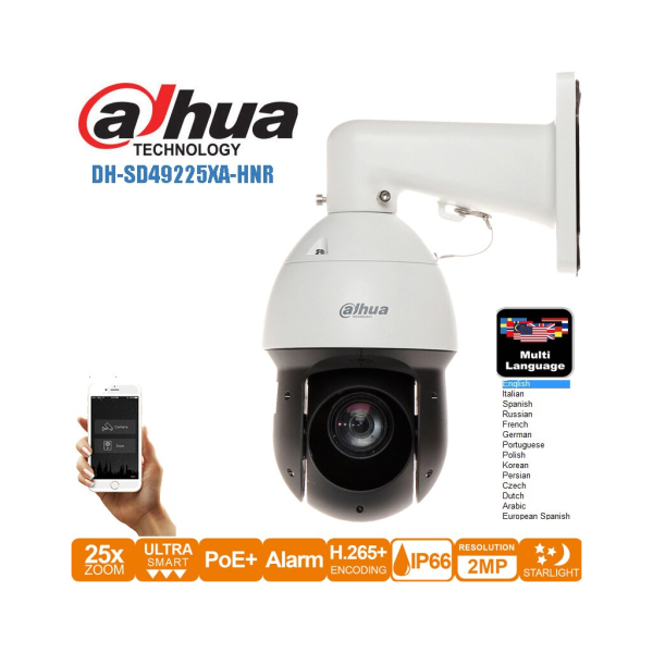 DAHUA  SD49225XA-HNR 2Mpix, 4,8-120mm Lens, 25x Starlight, 100Mt. Gece Görüş IR WizSense PTZ IP Kamera  (Ayak Dahil)