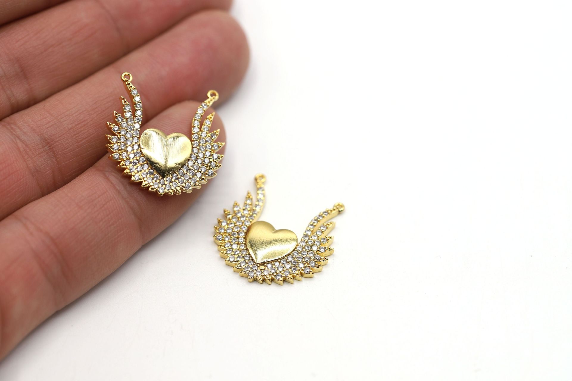 Gold Winged Heart Charm, 22x22mm Gold Heart Pendant, CZ Pave Heart Charms, Zirconia Heart Charms