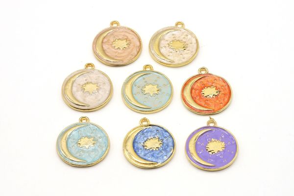 24k Gold Plated Star and Crescent Charm・20x23mm Gold Planet Enamel Pendant・Necklace For Pendant・