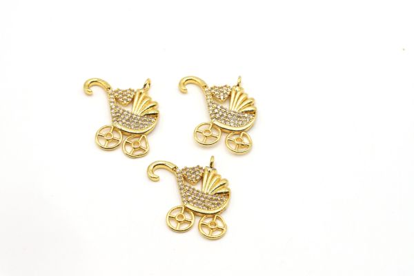 Gold The stroller Charm, 23x22mm Gold Baby Pendant, CZ Stroller Charms, Zirconia Charms