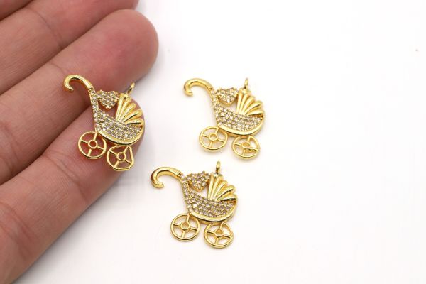 Gold The stroller Charm, 23x22mm Gold Baby Pendant, CZ Stroller Charms, Zirconia Charms
