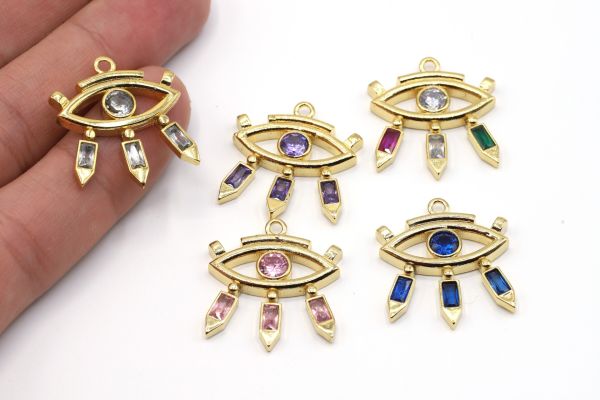24k Gold Plated Eye Charm, 23x26mm Pendant For Necklace, CZ Micro Pave Eye Charms, Zirconia Eye Charms