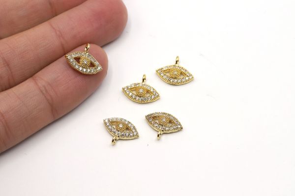 24k Gold Eye Charm, Gold Eye Pendant 10x20mm, CZ Micro Pave Eye Charms, Zirconia Stone Eye Charms-Gs