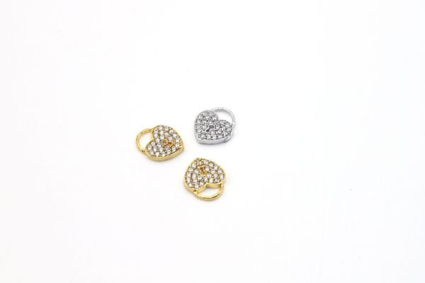 24k Gold Locked Heart Charm, 10x12mm Gold and Rhodium Heart Pendant , CZ Micro Pave Heart Charms, Zirconia Heart Charms
