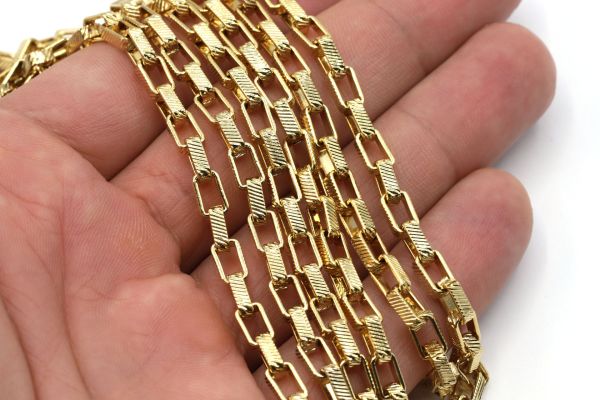 24K Gold Striped Oval Box Chains 4x7mm, Serrated Chains, Chain for Necklace