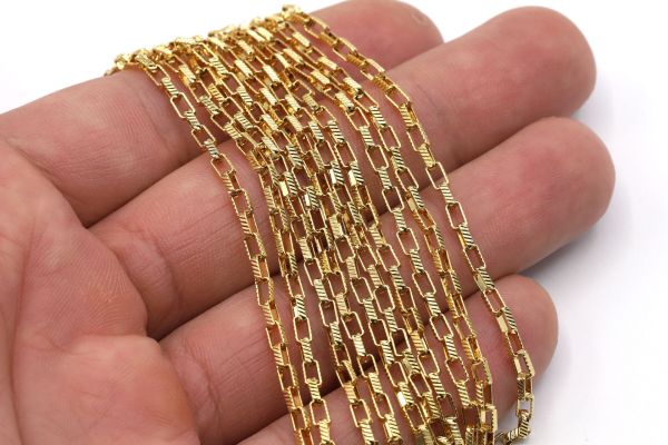 24K Gold Striped Oval Box Chains 2x4mm, Serrated Chains, Chain for Necklace