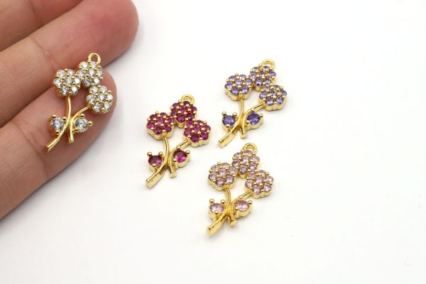 24k Shiny Gold Flowers Charm•15x19mm Gold Flower Pendant•CZ Flower Charms•Zirconia Flower Charms