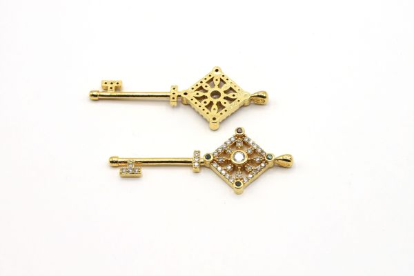 24k Gold Key Charm, 17x43mm Gold or Rhodium  Key Pendant , CZ Micro Pave Key Charms, Key Zirconia Stone Charms