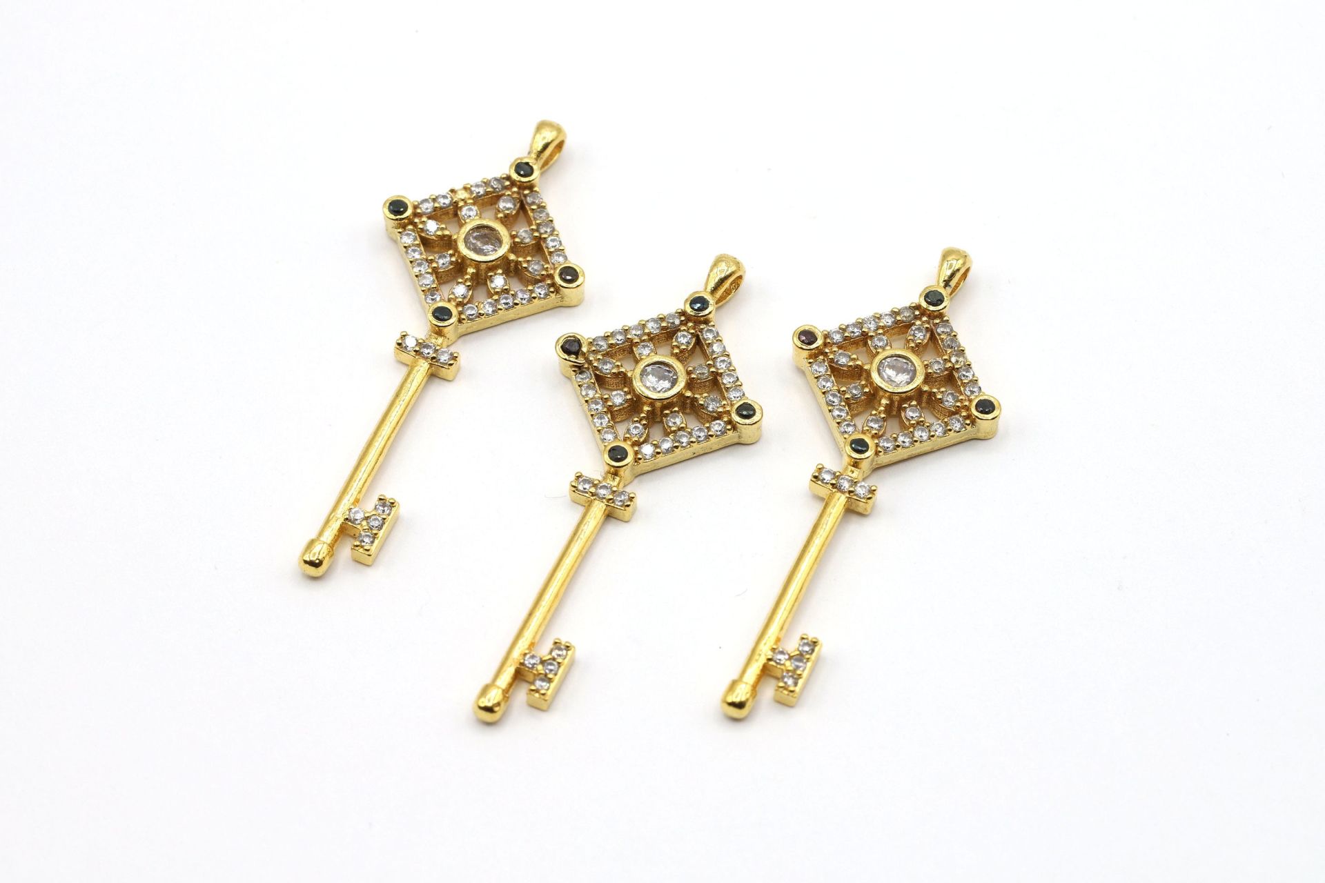 24k Gold Key Charm, 17x43mm Gold or Rhodium  Key Pendant , CZ Micro Pave Key Charms, Key Zirconia Stone Charms