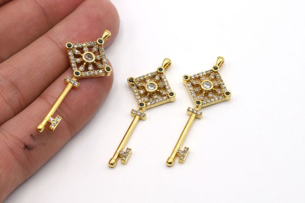 24k Gold Key Charm, 17x43mm Gold or Rhodium  Key Pendant , CZ Micro Pave Key Charms, Key Zirconia Stone Charms