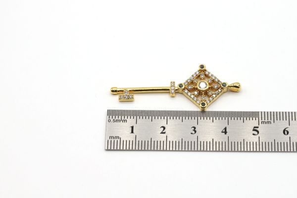 24k Gold Key Charm, 17x43mm Gold or Rhodium  Key Pendant , CZ Micro Pave Key Charms, Key Zirconia Stone Charms