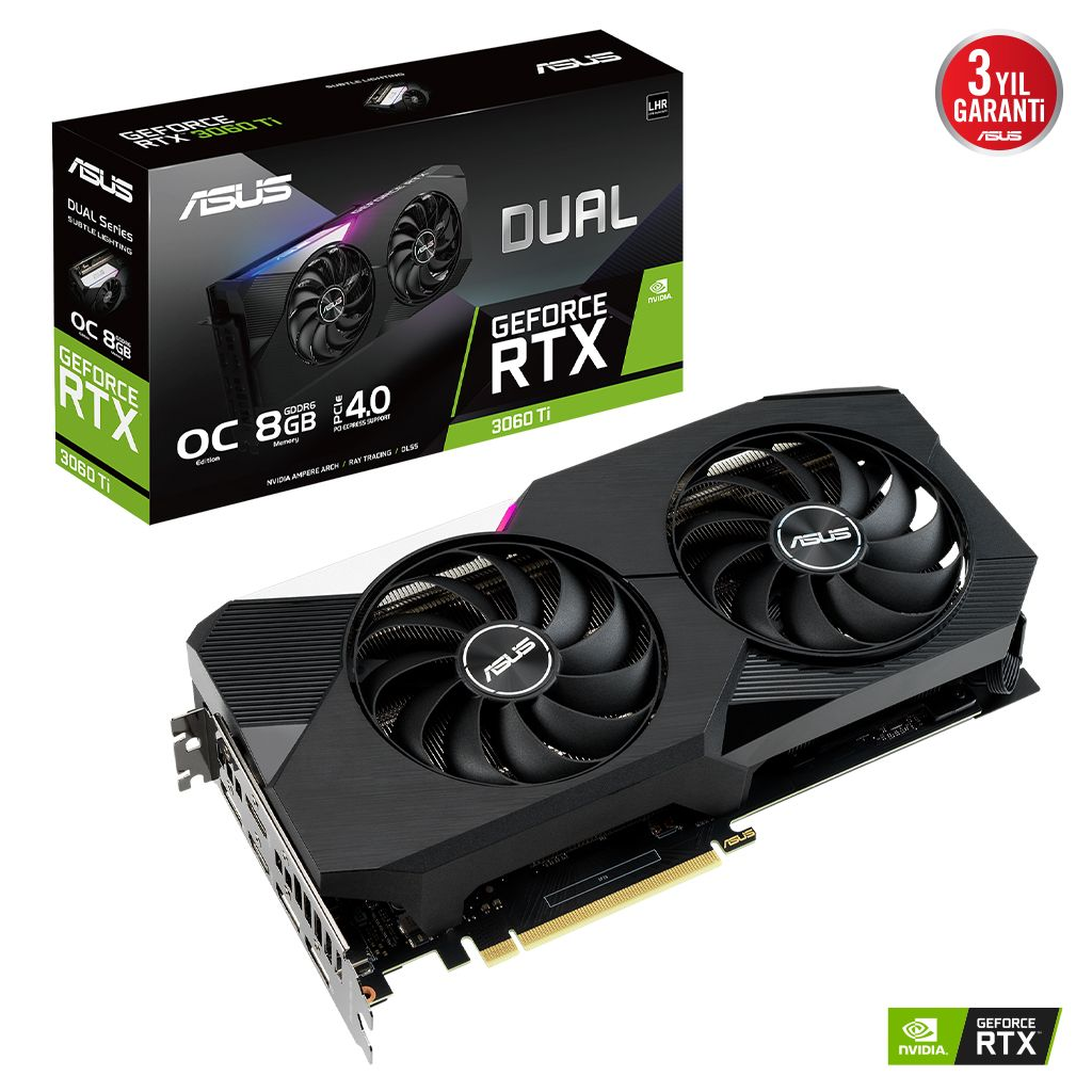 ASUS DUAL-RTX3060TI-O8G-V2, 8Gb, GDDR6, 256Bit, 1xHDMI, 3xDP GAMING Ekran Kartı