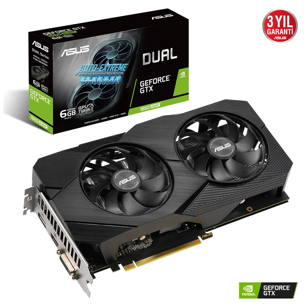 ASUS DUAL-GTX1660S-6G-EVO, 6Gb, GDDR6, 192Bit, 1xDVI, 1xHDMI, 1xDP GAMING Ekran Kartı