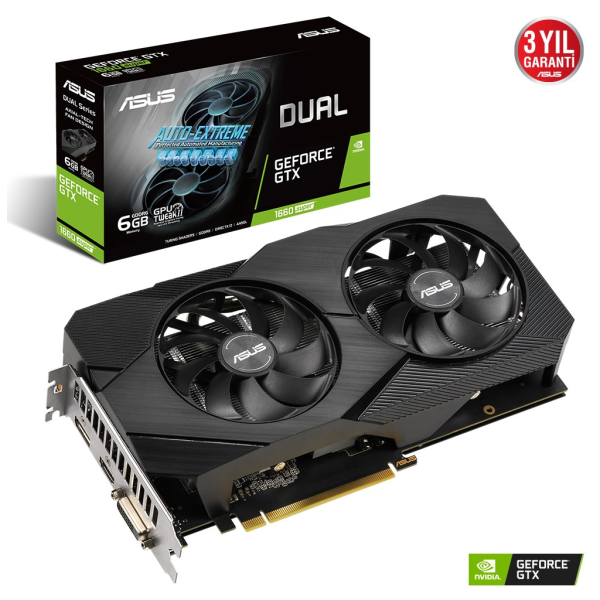 ASUS DUAL-GTX1660S-6G-EVO, 6Gb, GDDR6, 192Bit, 1xDVI, 1xHDMI, 1xDP GAMING Ekran Kartı