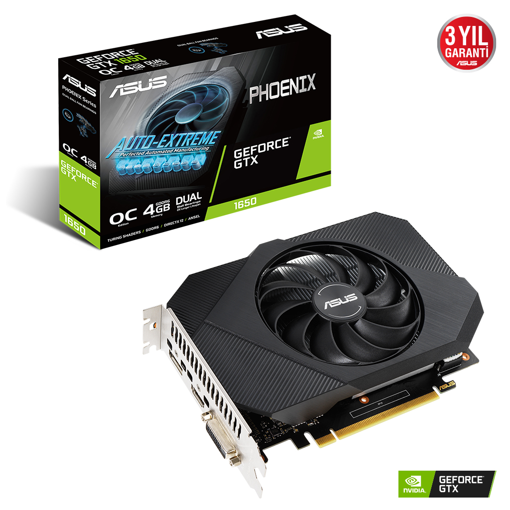 ASUS PHONEIX PH-GTX1650-O4GD6-P, 4Gb, GDDR6, 128Bit, 1xDVI, 1xHDMI, 1xDP, GAMING Ekran Kartı