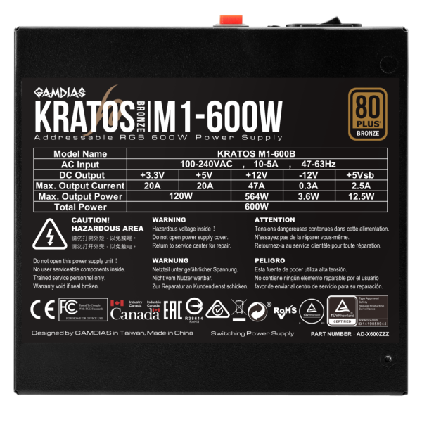 GAMDIAS KRATOS M1-600B, 600W, 80+ Bronze, Aktif PFC, RGB, GAMING PSU (BOX)