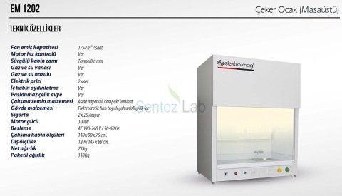 Elektromag EM1202 Masa Üstü Çeker Ocak 118 cm x 90 cm x 75 cm / 100 W / 1750 m3 /saat