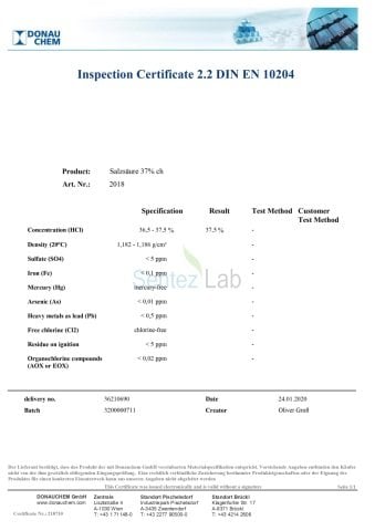 Donau Chem  Hidroklorik Asit 37% CAS 7647-01-0  (Avusturya Menşei) 25 Litre