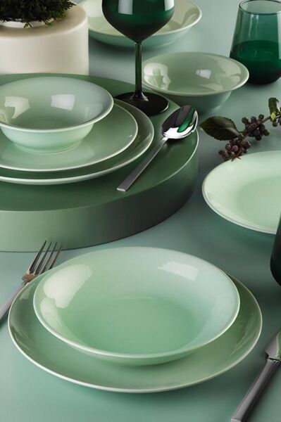 İkram Dünyası Kütahya Porselen 24 Parça Hera Pearl Nil Yeşili Yemek Seti