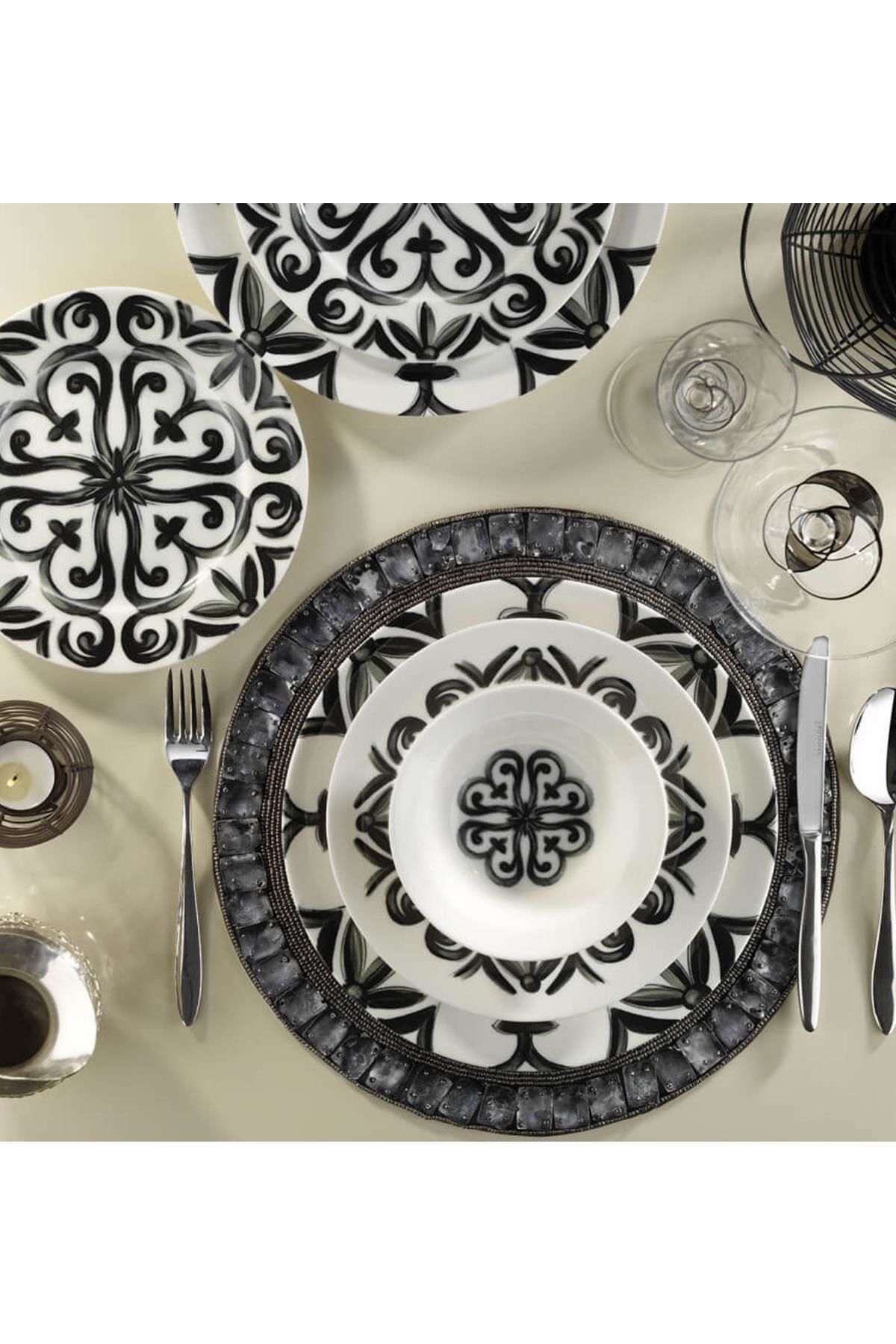 Kütahya Porselen Bone Kalipso 24 Parça 880042 Desenli Yemek Seti