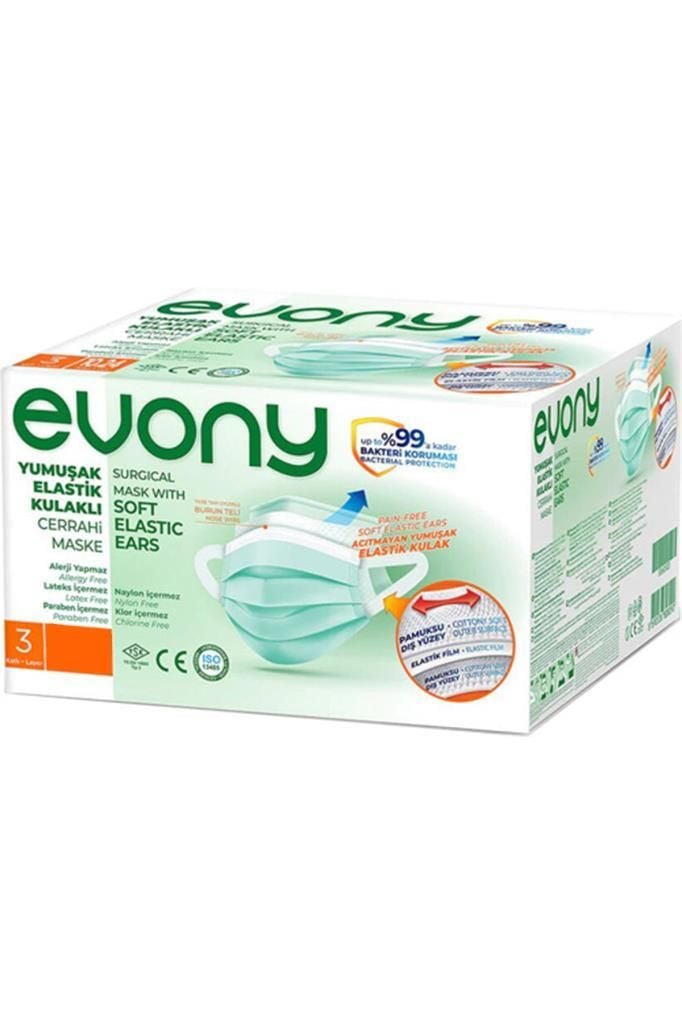 Evony 3 Katlı Yumuşak Elastik Kulaklı Yeşil Cerrahi Maske 175*95 mm Telli Maske 100 Adet