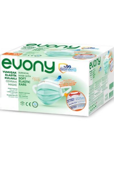 Evony 3 Katlı Yumuşak Elastik Kulaklı Yeşil Cerrahi Maske 175*95 mm Telli Maske 100 Adet