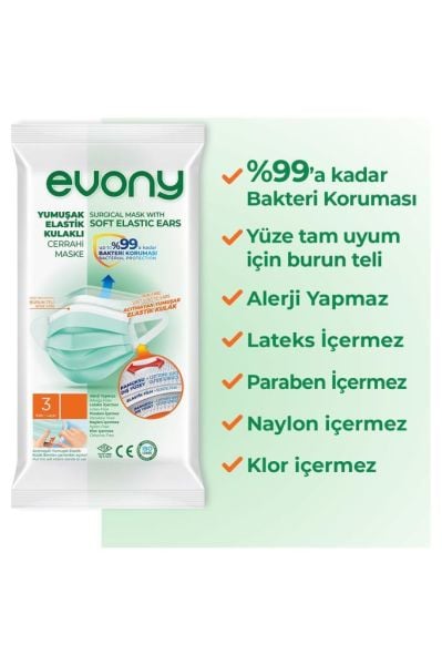 Evony 3 Katlı Yumuşak Elastik Kulaklı Yeşil Cerrahi Maske 175*95 mm Telli Maske 100 Adet