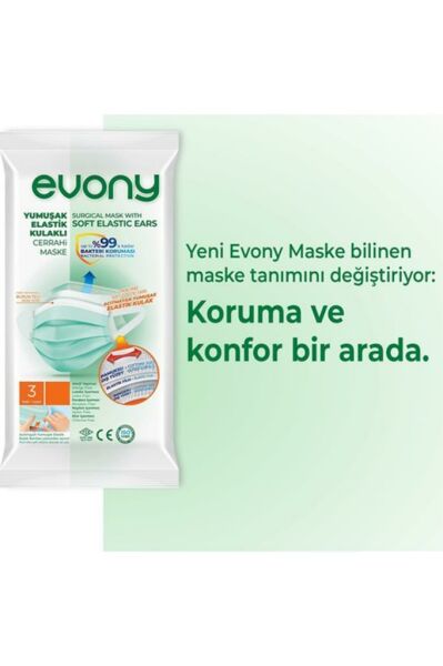 Evony 3 Katlı Yumuşak Elastik Kulaklı Yeşil Cerrahi Maske 175*95 mm Telli Maske 240 Adet