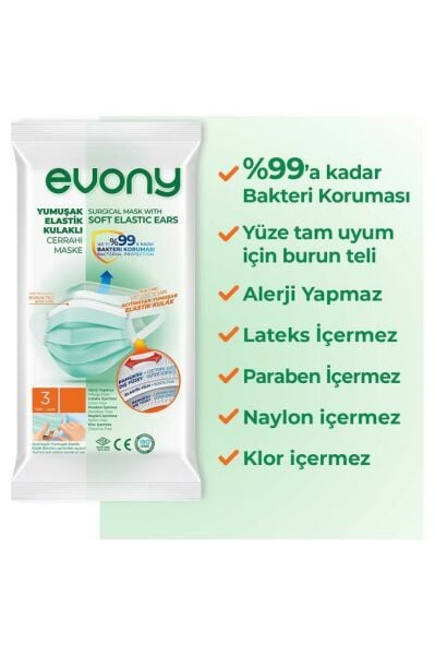 Evony 3 Katlı Yumuşak Elastik Kulaklı Yeşil Cerrahi Maske 175*95 mm Telli Maske 240 Adet