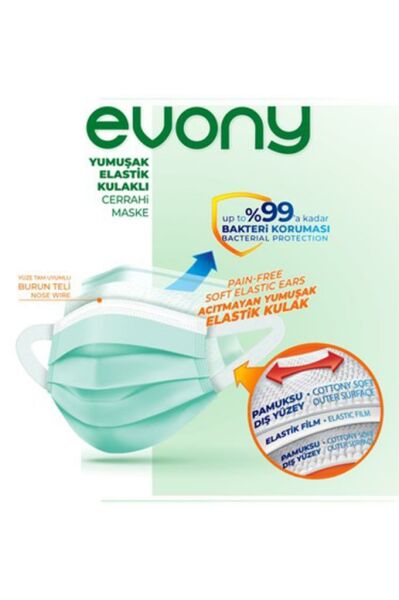 Evony 3 Katlı Yumuşak Elastik Kulaklı Yeşil Cerrahi Maske 175*95 mm Telli Maske 240 Adet