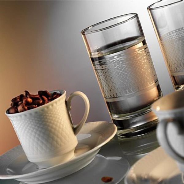 Kütahya Porselen Zümrüt 6 Kişilik Su Bardaklı Kahve Fincan Takımı