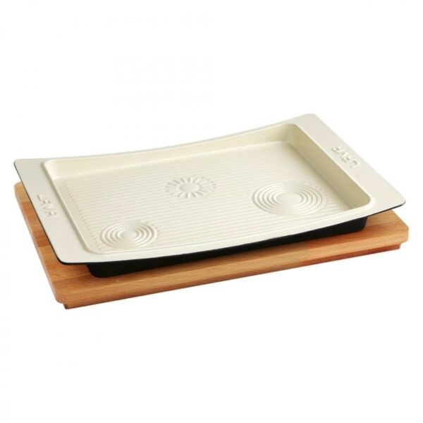 Lava Ahşap Altlıklı Döküm Demir Servis Tabağı 36x24 cm Krem
