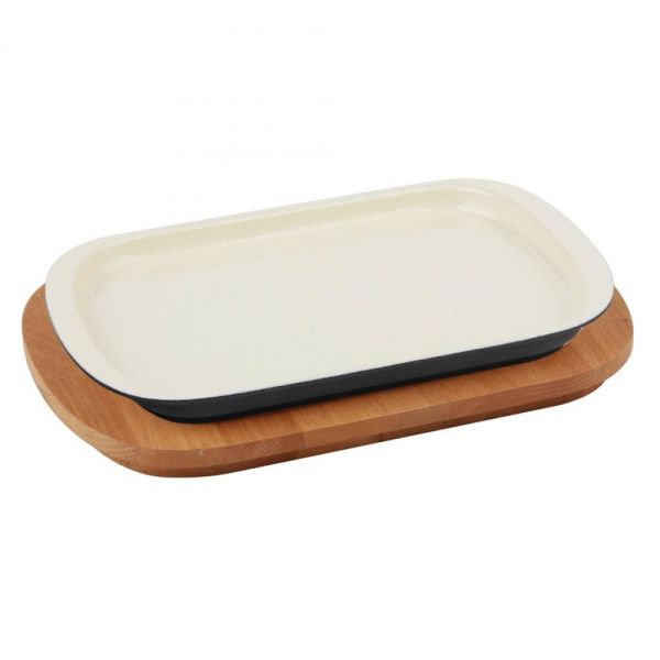 Lava Ahşap Altlıklı Döküm Demir Servis Tabağı 32x20 cm Krem