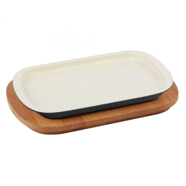 Lava Ahşap Altlıklı Döküm Demir Servis Tabağı 32x20 cm Krem