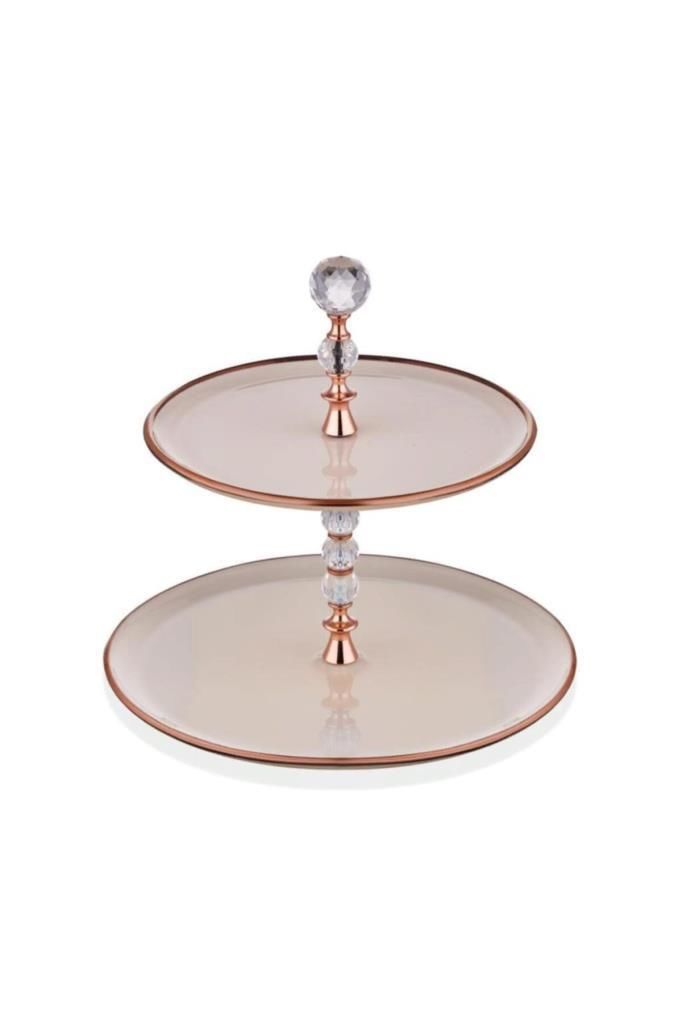 Glore Katlı Pasta Tabağı Seti Krem Rose Gold
