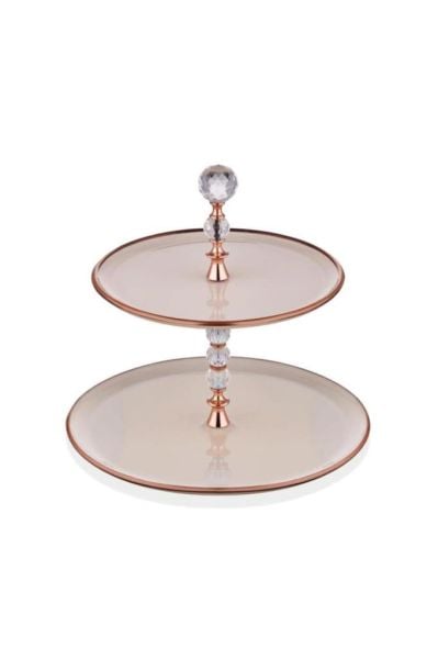 Glore Katlı Pasta Tabağı Seti Krem Rose Gold