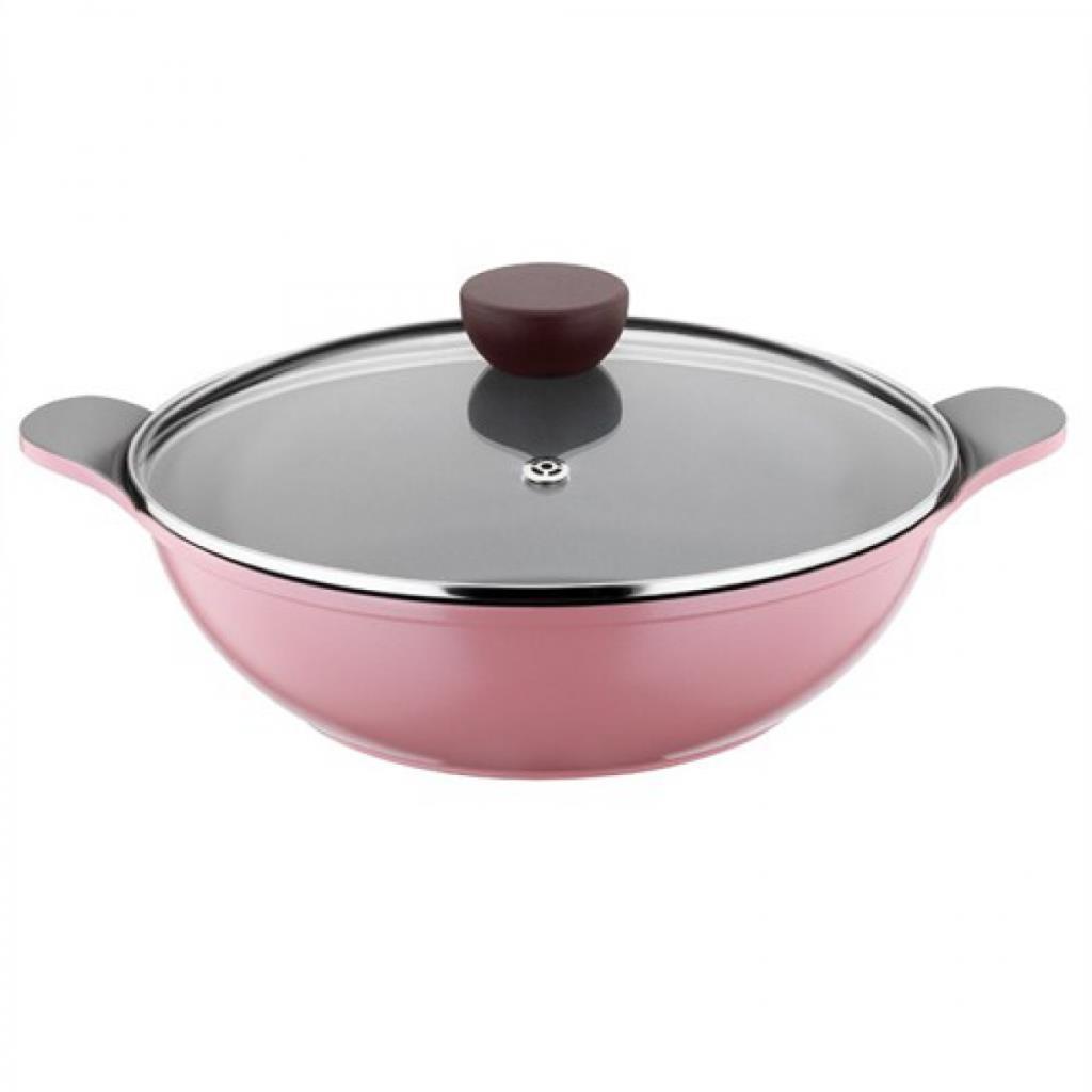 Kütahya Porselen Cerapure 28 Cm Wok Tava Cam Kapaklı Pembe