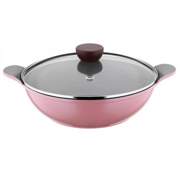 Kütahya Porselen Cerapure 28 Cm Wok Tava Cam Kapaklı Pembe